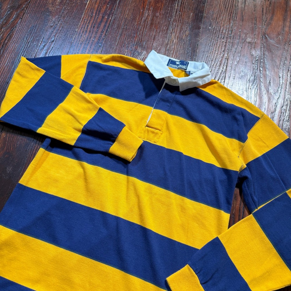 Vintage Steeplechase Rugby Shirt Women M  Yellow Blue Striped Long Sleeve Prep